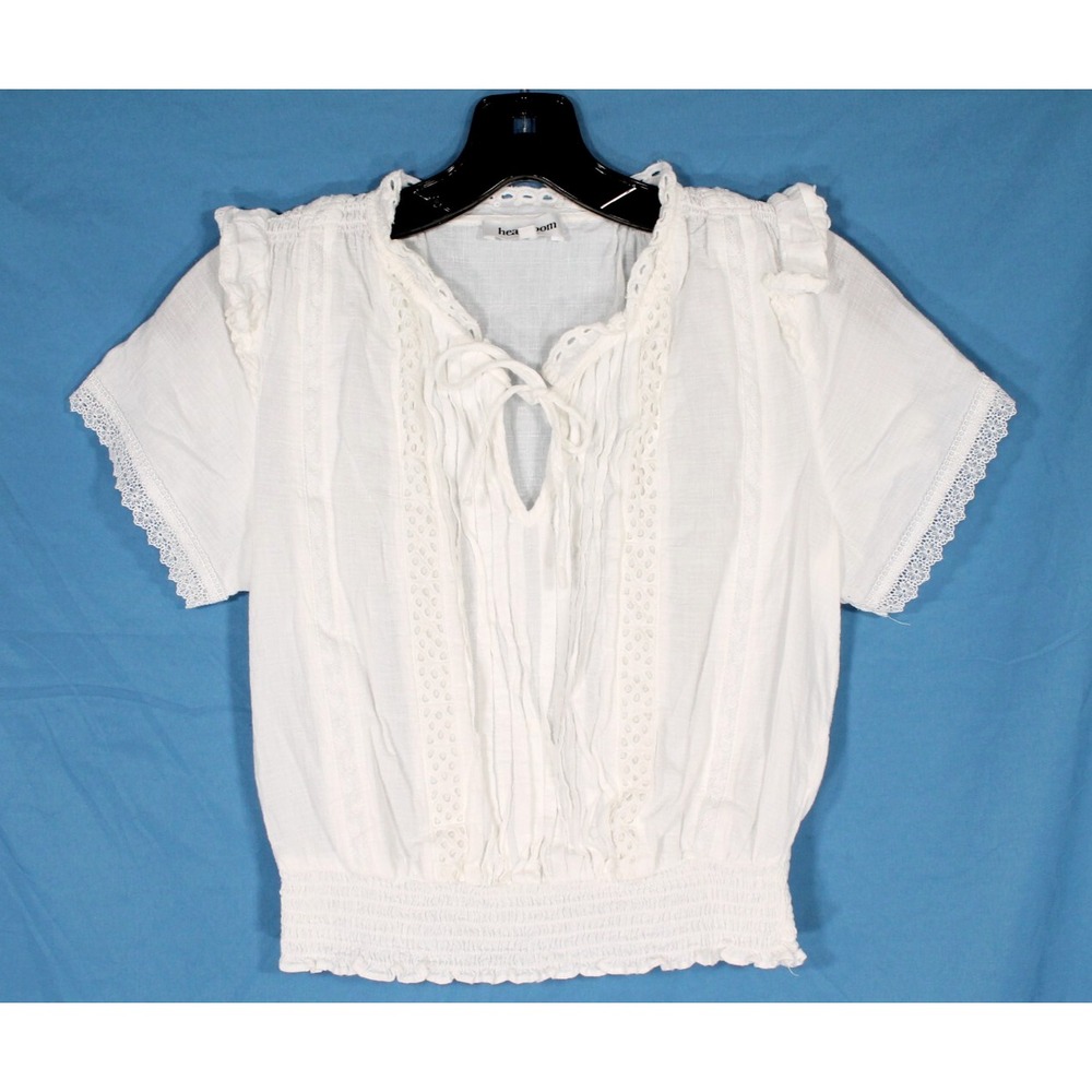 HEARTLOOM White Twill PLEATED FRONT Lace/Eyelet Trim SMOCK BLOUSON TOP Blouse S